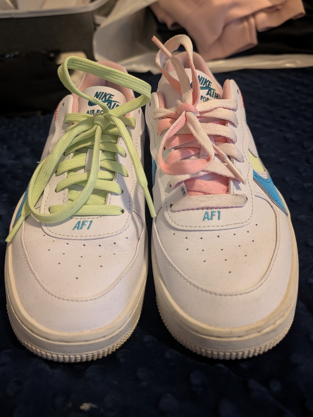Nike Women's Sneakers in White with Pastel Pink, Light Green and Blue Accents